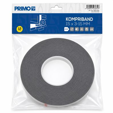 PRIMO Kompriband 15 x 3–15 mm | 12 m Rolle | Fugendichtband selbstklebend für