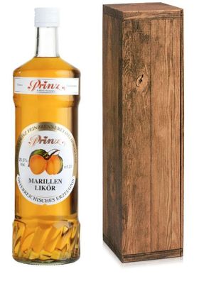 Geschenkbox Holzoptik Prinz Marillenlikör 20,5 % Vol. 1 Liter-Flasche