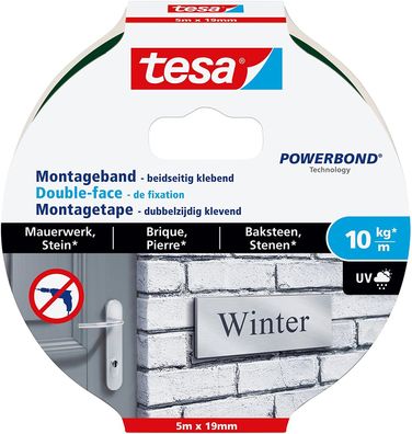tesa Powerbond Montageband für Ziegel und Stein, 10 kg Haltekraft pro Meter - doppels