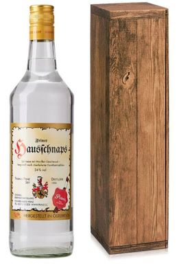 Geschenkbox mit Holzoptik Prinz Hausschnaps mit Marille 34% Vol. 1 Liter