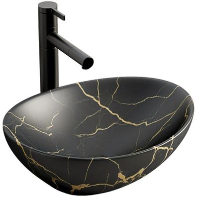 Ovales Aufsatzwaschbecken aus Keramik mit mattschwarzer Marmoroptik, 41 x 34,5 cm
