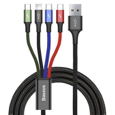 Baseus 4-in-1 USB Kabel Nylon, 1.2m, 3.5A, Schwarz - Lightning/2x Typ C/micro US