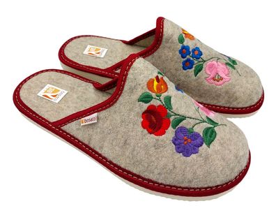 Filzpantoffeln Damen Hausschuhe Wollfilz Blumen Warm Rutschfest Braun Bosaco
