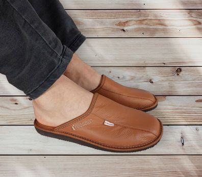 Herren Leder Hausschuhe Mokassin Braun Pantoletten Slipper Pantoffeln Größen