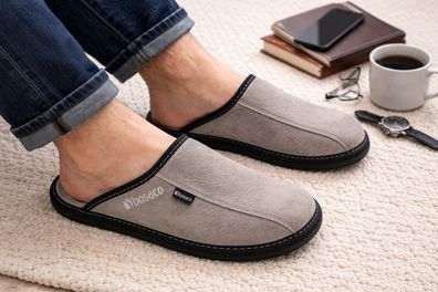 Pantolette Hausschuhe Herren Leder Grau Geschlossene Zehe Indoor Haus Schuhe