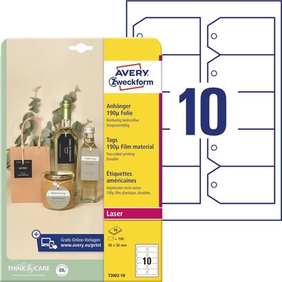 AVERY Zweckform T3002-10 stabile Anhänger 100 Stück inkl. Schnüre (90x50mm auf A4, be