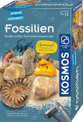 KOSMOS 657918 Fossilien Ausgrabungs-Set, Grabe echte Versteinerungen und Bernstein se