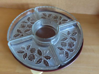 Platte drehbar mit 5 Glasschalen mit Blumenrelief Kabarett 29 cm Ø