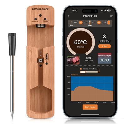Insmart Fleischthermometer kabellos Bluetooth 100m IPX7 mit App Grill