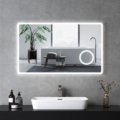 Badspiegel mit LED Beleuchtung Touch+Beschlagfrei+Bluetooth+Uhr LED Wandspiegel