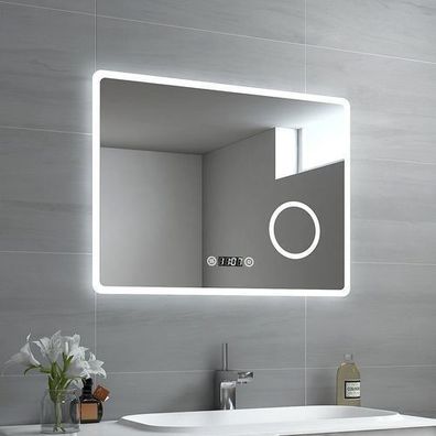EMKE LED Badspiegel 80x60cm badezimmerspiegel Wandspiegel Uhr Beschlagfrei