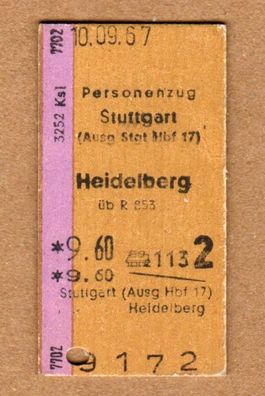 DB Deutsche Bahn Ticket Fahrschein Fahrkarte 1967 Stuttgart Heidelberg Personenzug