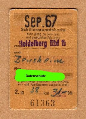 DB Monatskarte Ticket Fahrschein Fahrkarte 1967 Heidelberg Hbf Bensheim Schüler