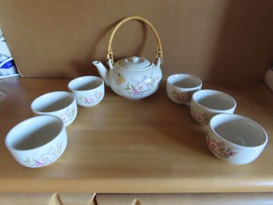 Teeset Tee-Set beige mit Blumenmotiv + Kanne + 6 Becher Keramik