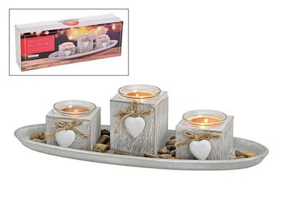 Windlicht Tablett Holz für 3 Teelichter, 39 x 14 x 10cm und Deko / Kerze Licht