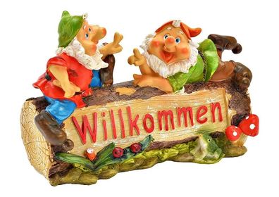 Gartenzwerg auf Holzstamm, Willkommen aus Poly Dekofigur - 26x19x11cm