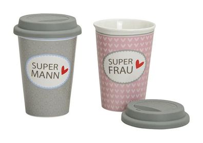 Becher TO GO 2-tlg. Porzellan Geschenk-Set Kaffeebecher Kaffee Super Frau/Mann