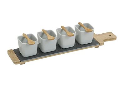Tapas-Set 9-teilig, Vorspeisen Set Schalen Teller Holzbrett Schiefertafel eckig