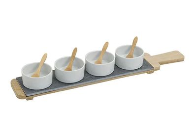 Tapas-Set 9-teilig, Vorspeisen Set Schalen Teller Holzbrett Schiefertafel rund