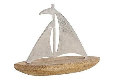 Segelboot aus Metall auf Mangoholz (B/H/T) 27x21x8cm Deko Wohnen Schiff Holz
