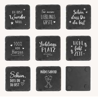 Schiefer Untersetzer "8er Set" mit Sprüchen 9 x 9 cm Getränke Wein Kaffee Tee