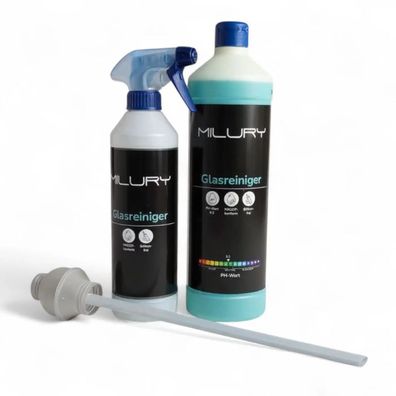 MILURY Glasreiniger – Set mit Sprühflasche & Dosierkugel