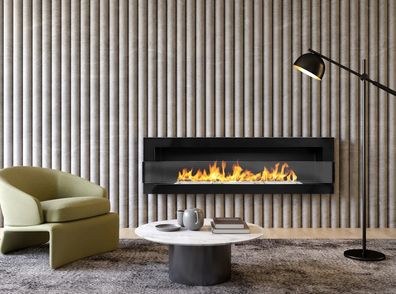 Hängender Biokamin mit Glasscheibe 1200x400 schwarz glänzend
