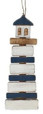 Maritimer Deko-Leuchtturm aus Holz - Wandbehang in Blau-Weiß im Used-Look
