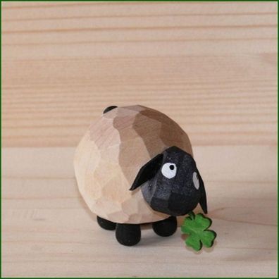 Holzfigur Schaf mit Kleeblatt hell Höhe 4,5cm NEU Figuren Schnitzen Holz Wald