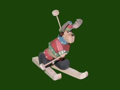 Holzfigur Elch beim Ski fahren geschnitzt 9 cm Nordhirsch Forstelch Geweihträger