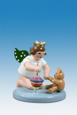 Holzfigur Engel kniend mit Kreisel und Teddy ohne Krone Höhe 6cm NEU Holzengel In