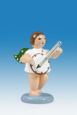 Holzfigur Engel mit Banjo und Krone Höhe 6cm NEU Holzengel Instrument Seiffen Erz