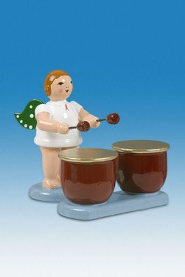 Holzfigur Engel mit Kesselpauke und Krone 6cm NEU Holzengel Cherub Gottesbote