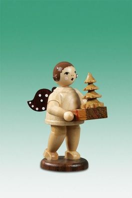 Holzfigur Geschenkeengel mit Baum und Krone natur Höhe 6,5cm NEU Holzengel Instru