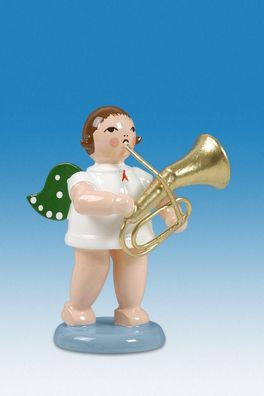 Holzfigur Engel mit Tenorhorn und Krone Höhe 6cm NEU Holzengel Instrument Seiffen