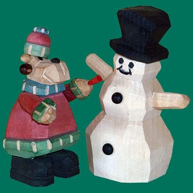 Holzfigur Elch mit Schneemann geschnitzt 9 cm Nordhirsch Schneegeist Schneekerl