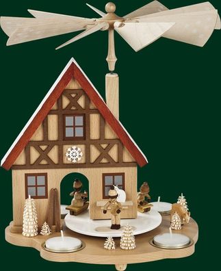 Tischpyramide Haus mit Winterkinder und Teelicht Höhe= 29cm NEU Holzpyramide Tisc