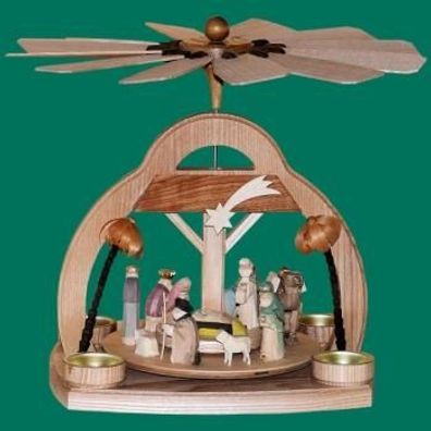 Tischpyramide Teelichte natur Christi Geburt geschnitzt 33 cm Heilige Familie