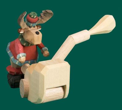 Holzfigur Elch mit Schneefräse geschnitzt 9 cm Geweihtier Forsttier Nordtier