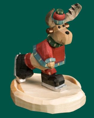Holzfigur Elch mit Schlittschuhen geschnitzt 9cm Elchbulle Hirschelch Waldhirsch