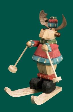 Holzfigur Elch auf Ski geschnitzt 9 cm Forstelch Skifahrer Schneegleiter Abfahrt