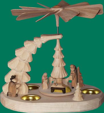 Tischpyramide Teelichter natur Christi Geburt geschnitzt 23 cm Krippenfamilie