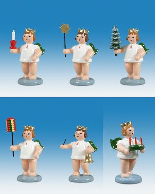 Holzfigur Engelfiguren Adventsboten 6-teilig und Krone Höhe 6cm NEU Holzengel