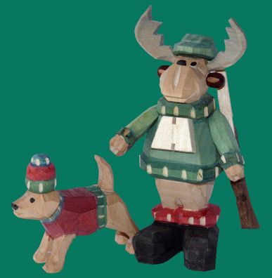Holzfigur Elch Förster mit Gewehr &amp; Hund geschnitzt 9 cm Nordhirsch Forstelch