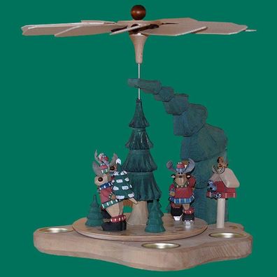 Wandpyramide Teelichter bunt Elche mit Vogelhäuschen geschnitzt 34 cm Elchbulle