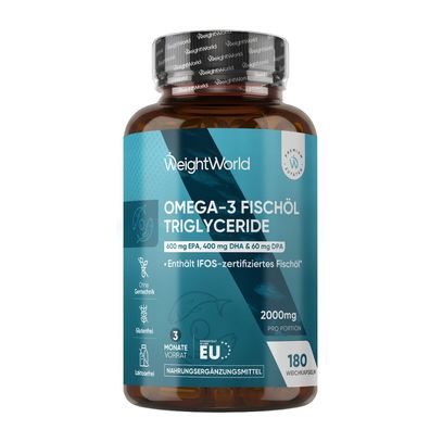 WeightWorld Omega 3 Triglyceride - 600mg EPA, 400mg DHA & 60mg DPA - 180 Weichkapseln