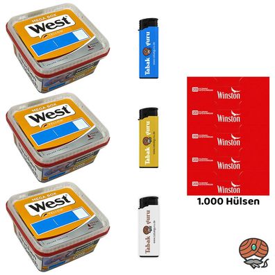 West Yellow Volumentabak Mega Box 3x 105g, Winston Hülsen, Feuerzeuge