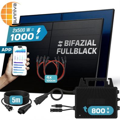 SUNNIVA® Balkonkraftwerk 1000W/800W Solaranlage INVER ENERGY Bifazial Fullblack