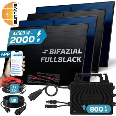 SUNNIVA® Balkonkraftwerk 2000W/800W Solaranlage INVER ENERGY Bifazial Fullblack