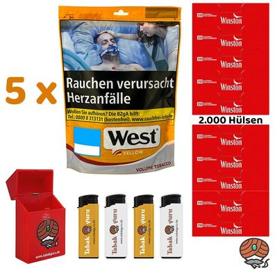 West Yellow Volumentabak Beutel 5x 85g, 2000 Winston Hülsen, Zubehör